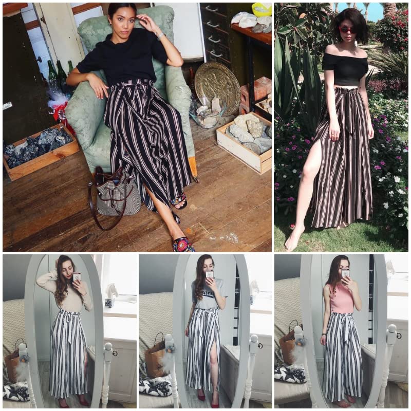 Simplee Apparel Simplee Women's Elegant Striped Split High Waisted Belted Flowy Wide Leg Pants, White Stripe, 4/6, Small - Image 2